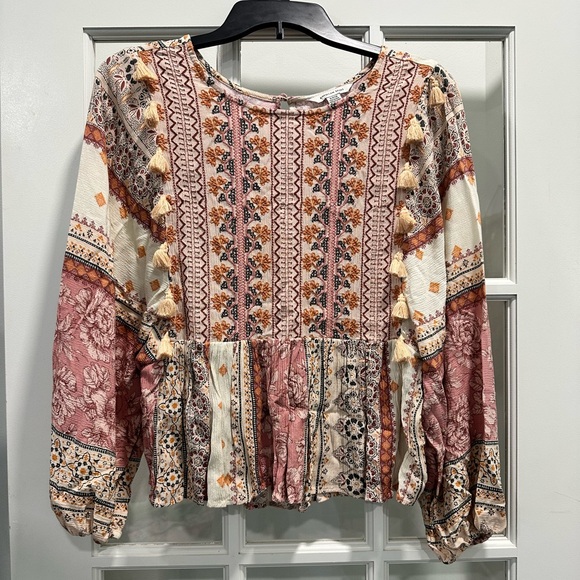 American Eagle Outfitters Tops - American Eagle Outfitters Pink and Brown Bell Sleeve Blouse Size Small